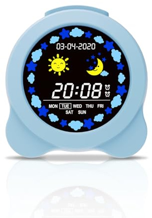 Shayson Reloj Entrenador de Sueño para Niños – Reloj Despertador Digital Infantil para Entrenamiento del Sueño, Pantalla LCD con Modos Día y Noche, 6 Sonidos de Alarma, Alimentado por USB (Azul)