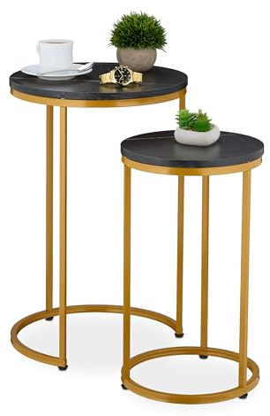Relaxdays Satztisch, 2er Set, 2 Größen, Marmoroptik, Metall, runde Beistelltische, Wohnzimmer Couchtisch, schwarz/Gold