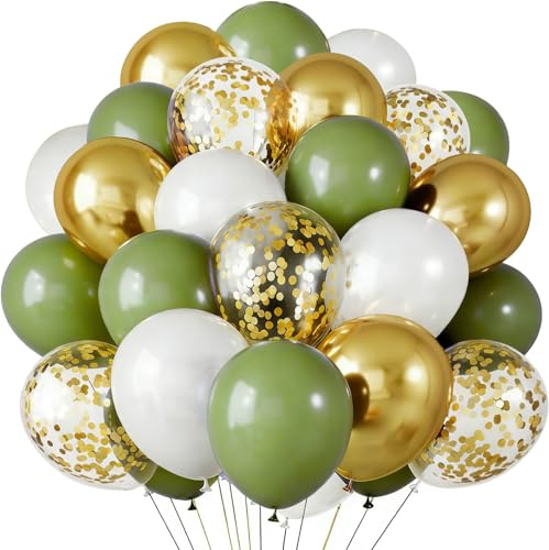 Luftballons Grün Gold, 62 Stück Luftballon Salbeigrün Weiß mit Gold Konfetti Ballons, Latex Luftballons Eukalyptus Grün für Geburtstag Hochzeit Babyparty Taufe Jugendweihe Tropische Safari Dekoration