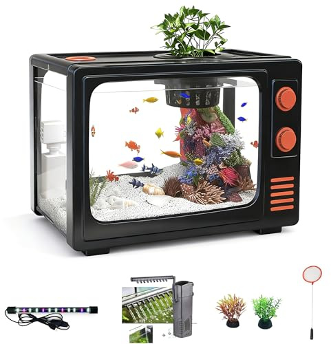 3 Gallon Fish Tank Aquarium Kit with LED Lights, Filter & Plant Planter - Retro TV Shaped Design Desktop Water Garden for Betta/Goldfish (Black - 3 Gallon)