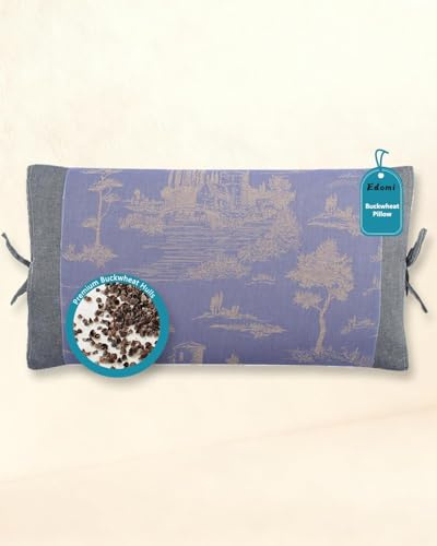 Edomi Adjustable Buckwheat Pillows for Sleeping,23.6x13.7 Breathable Cool Neck Pillow for Bed with Buckwheat Hulls, Cervical Support Thin Pillow for Neck Pain with Dual-Layer Pillowcase,Blue