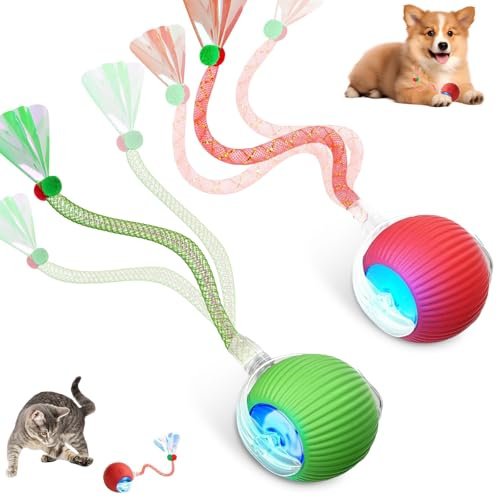 Interaktives Katzenspielzeug Ball, Elektrisch Intelligentes Katzenspielzeug Selbstbeschäftigung Katzenball, Automatisches Rollender Spielball für Katzen und Hunde mit Libellenschwanz (Rot+Grün)