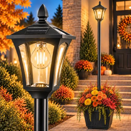 Benany 76 Solar Lamp Post Lights with Planter, Glass & Metal Street Light Outdoor Waterproof, 60 Lumens Dusk to Dawn Solar Pole Light for Garden, Yard, Driveway, Porch, Patio, Warm White
