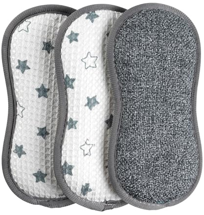 Kleeneze KL076472EU7 Estropajos De Limpieza Antibacterianas, Pack De 3, Almohadillas Con Patrón De Estrella, Productos De Limpieza Con Diseño Ergonómico, Quitamanchas, Esponjas Duraderos Y Resistentes