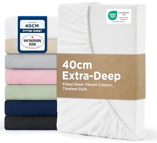 Bedsure Double Fitted Sheet Deep - Bed Sheets Extra Deep Pocket 16 inch (40 cm) made of Soft Brushed Microfiber for Double Bed, White, 135x190cm