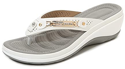 ERLINGO Damen-Flip-Flops, Damen-Sandalen mit Keilabsatz, niedriger Absatz, Zehentrenner mit T-Steg-Schlaufe, leger, Strand, Pool, Schuhe, rutschfeste Hausschuhe, Weiß - weiß - Größe: 40 EU