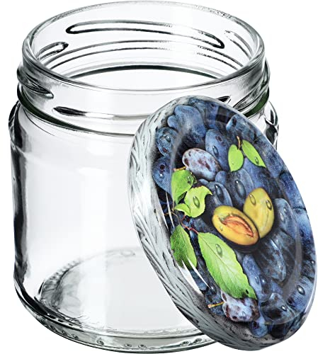 KADAX Tarros Pequeños de 200 ml, Botes de Cristal con Tapa Hermética de 66 mm para Miel, Conservas, Especias y Mermeladas (10 Unidades, Ciruelas)