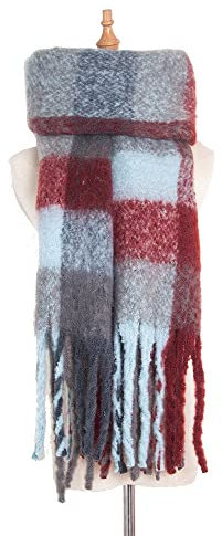HGJH Schal,Damen Kontrastierender Dicker Quastenschal Modeschal Wildes Gitter Blau Bordeaux Breitenschal Elegante Damen Dicker Trend Weihnachtsschal Für Damen Warmer Schal