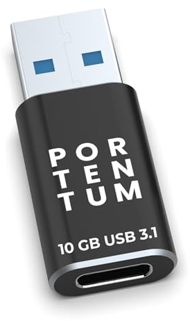PORTENTUM Adattatore USB-C a USB-A 3.0 (3.1) OTG, 10 Gb Velocità, Zinco, Nero, 8 grammi