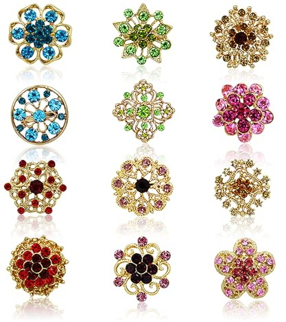 Rumyve Crystal Brooch Set, 12 Pcs Women's Blouse Rhinestone Brooch for Wedding Party, Home Decor & DIY Christmas Crafts (Gold)