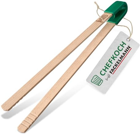 Chefkoch Küchenzange aus nachhaltigem Buchenholz – Ideal zum Greifen von Fleisch & Gemüse, ergonomisch, mit Anti-Rutsch-Ring, 40 x 8 cm