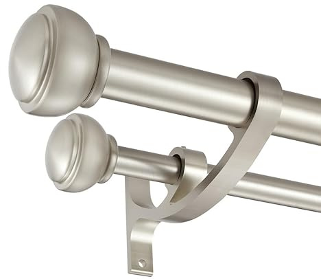 Double Curtain Rods for Window 72 to 144 Inch, Brushed Nickel Double Curtain Rods, 1-Inch Front and 5/8 Inch Back Double Window Drapery Rod, Double Decorative Curtain Rods with End Cap Finials