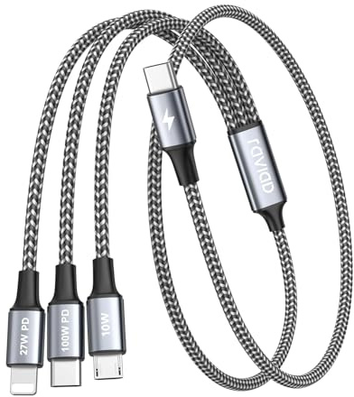 RAVIAD 100W USB C Multi Charger Cable Short [50CM] 3 in 1 Fast Charging | Cable with E-Mark Chip, USB C PD [100W]+Lightning[27W]+Micro[10W] for Galaxy S24/S23, iPhone 15/14/13, MacBook Pro/Air