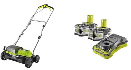 Ryobi RY18SFX35A-0 18V ONE+ Cordless 35cm Brushless Scarifier, 18 V, Vert & Pack 2 Batteries 18V One+ 5.0 Ah & Son Chargeur Rapide - RC18150-250G