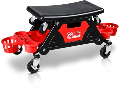 CCLIFE Taburete Mecánico con Ruedas, Asiento de Taller con Bandejas para Herramientas, Carga Máxima 180kg, Ideal para Reparación de Automóviles