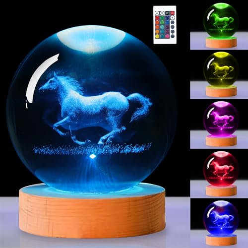 OkiyiD Boule de cristal en forme de cheval - Veilleuse pour chambre d'enfant - Jolie décoration de chambre - Avec télécommande - 16 couleurs - Intensité variable - Cadeau pour les amateurs de chevaux