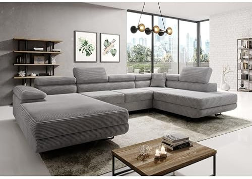 Easy4You Ecksofa Grau Astorp Kord U-Form – 345 cm - Schlafsofa mit Bettkasten und Schlaffunktion - Eckcouch mit Stauraum und Metallfüße – Rechts – Stoff Kord Poso 55