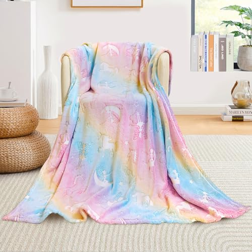 Yeqivo Unicorn Glow in the Dark Blanket, Polyester Flannel, Throw Blanket, Children's Throw Blanket, Yellow Unicorn, 50x60