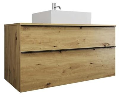 burgbad Eqio Keramik-Aufsatzwaschtisch quadratisch, mittig, inklusive Waschtischunterschrank, Breite 1200mm, SGUP120F5662C0001G0252, Farbe: Eiche Dekor Urban/Eiche Dekor Urban, Griffleiste Schwarz