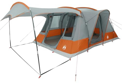 vidaXL Camping Tent Tunnel 5-Person - Grey/Orange - Polyester PU Coating - Waterproof/Wind - 475x595x330cm - Lightweight & Portable - E-Port - Flexible Fibreglass Poles - 2 Bedrooms - 2 Doors - C...