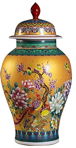 Vase, Chinoiserie Pot en céramique avec Couvercle Grand Vase Chinois Ancien, décor Fleurs peintes à la Main Oiseaux Pot de Temple en Porcelaine, vases de Fleurs séchées en céramique for la décoration