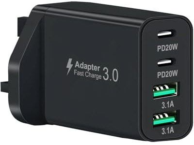 Ozzgen 40W USB C Plug, 4-Port Fast Charger Plug UK, Dual Port PD Power Adapter UK, USB C Plug Fast Charger for iPhone 16 15 14 13 12 11 Pro Max Plus XS XR SE, Samsung, iPad, AirPods
