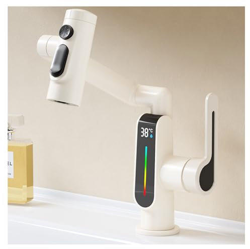 Moderner Badarmatur mit Temperaturanzeige, Einhandmischbatterie für WC, Waschtisch, Bad, 5 Wasserauslassmodi und Brunnenmodus, 1080° Drehung