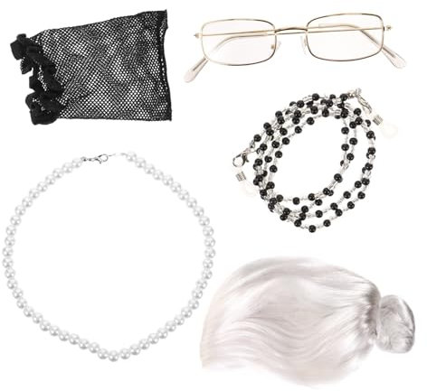 ANDRESLAD Old Lady Kostüm Set Mit Perücke Perlenkette Ohrringen Und Brille Realistisches Cosplay Zubehör Für Frauen Männer Für Halloween Karneval Und Kostümpartys