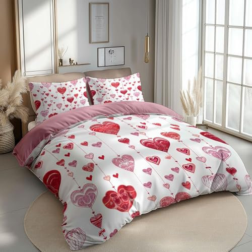 Set copripiumino con cerniera Semplice Cuore Romantico Set biancheria da letto con motivo stampato e 2 federe 50x75 cm, Rosa Copripiumino morbido reversibile 150 x 200 cm