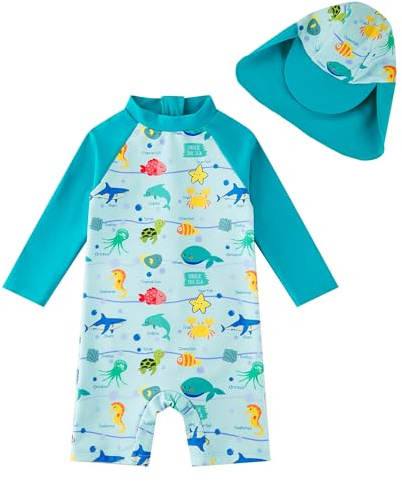 upandfast Baby Badeanzug mit Sonnenhut UPF 50+ Badebekleidung für Baby | schnelltrocknendes, angenehmes material,einteiliger bademode,langärmeliger rash guard