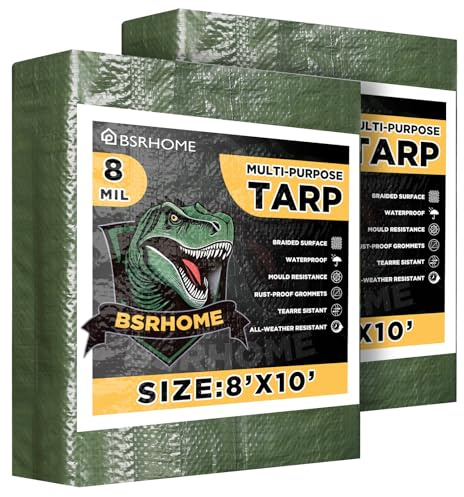 Tarps Waterproof 8x10 Feet, 2 Pack Heavy Duty Green Tarp Cover 8 Mil Thick, Resistant Plastic Tarpaulin with Metal Grommets, Outdoor Tent Cover for Emergency Rain