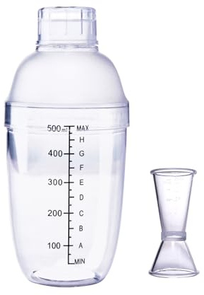 Shaker à cocktail en plastique avec doseur doseur, mélangeur de boisson à la main avec échelle, outil de bar transparent (500 ml)