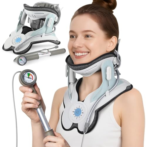 HygiVital 3-in-1 Cervical Traction Device, Neck Stretcher with Air Collar: Neck Pain Relief, Posture Correction & Spine Alignment in Minutes a Day - Portable Neck Brace with Manual Pump