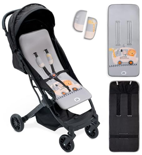 Interbaby Colchoneta Silla Paseo Universal para Verano | Safari Tours Gris | Transpirable y Cómoda | Funda Carro Bebe 100% Algodón, 84x34cm, Protectores para Arnés