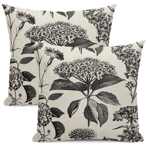 Yxuiyal Floral Pillow Covers 20x20 Set of 2 Vintage Black Hydrangea Herbs Botanical Throw Pillow Cover Outdoor Decoration Boho Flower Pillowcase Farmhouse Decorative Cushion Case for Home Couch Sofa