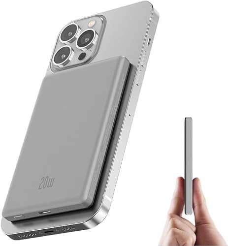 Ultra Slim iPhone Powerbank für Magsafe, Magnetische Power Bank Induktives Laden 5000mAh, 20W Schnellladung Wireless Externe Handyakkus Kabelloses Akkupack für iPhone 17/16/15/14/13/12, Titanium Grau