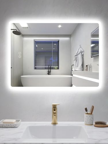 Habison badrumsspegel med belysning, 60 x 80 cm LED-badrumsspegel med touchströmbrytare, dimbar ljusfärg 3 färgtemperatur, minnesfunktion, anti-dimma, LED-spegel badrum med ljus för badrum, toalett