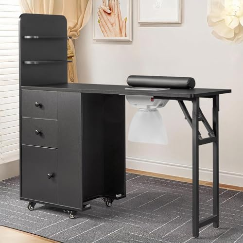 Winado Foldable Manicure Table for Nail Tech, Nail Desk Station Makeup Beauty Salon Storage Table w/2 Open Shelves, Electric Dust Collector, Lockable Wheels, Wrist Cushion, Drawers & Cabinet, Black