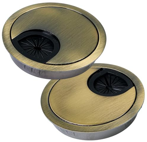 Selyse Lot de 2 passe-câbles de bureau - 60 mm - En métal - Avec passages en caoutchouc - Cache-câbles rond - Pour gestion des câbles, bureau et plan de travail - Montage facile (bronze vert vieilli)