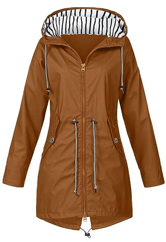 ECUNGWUA Veste Imperméable Femme Coupe Vent Manteau de Pluie Zippé Rayé Long Trench à Capuche Sport Extérieur Grande Taille Vêtements (01-Coffee, XXL)