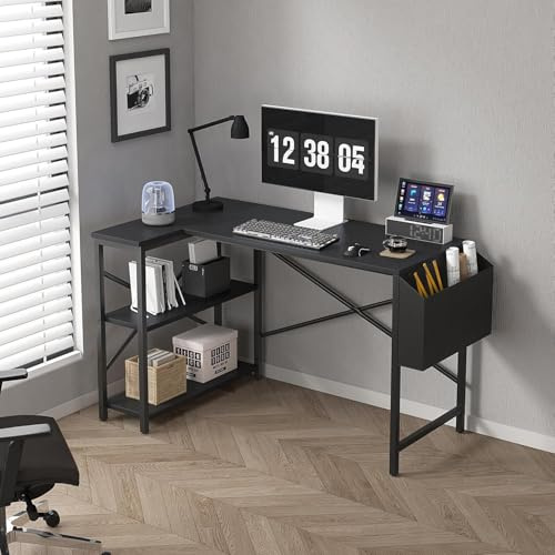 mcc direct L-Shaped Corner Desk With Bookshelf, 120cm Computer Study Office Gaming Writing Table, Reversible for Home Studio Workstation (Black)