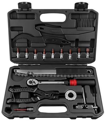 Cassetta Degli Attrezzi, Kit di Riparazione per Biciclette da 17 Pezzi in Acciaio con Chiave Dinamometrica per Biciclette da 5 a 25 Nm Set Completo di Attrezzi per MTB Bici da Strada e Bici Gravel