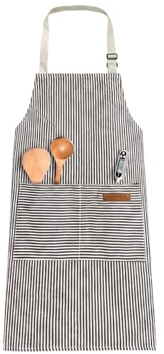 OWill Adjustable Apron – Unisex Apron with Pockets – Cooking & Kitchen Accessories – Chef’s Apron – Unisex – Home Kitchen, Butcher’s, Barbecue, Restaurant (Grey Stripes)