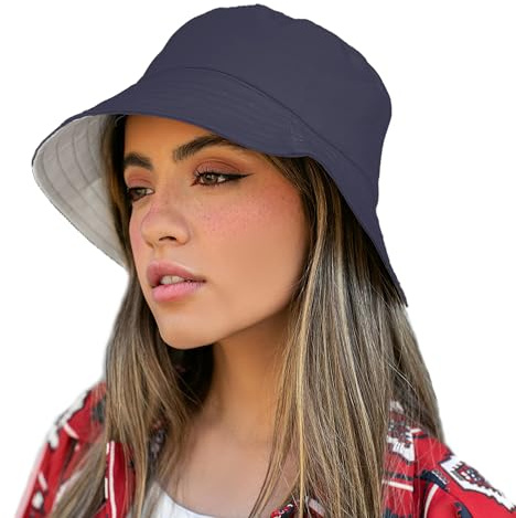 TOSKATOK® UPF 50+ Damen Wendehut aus Baumwolle - Zwei Hüte in einem! Fischerhutdesign-Navy/White