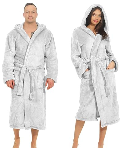 ETÉREA® Bademantel Damen & Herren flauschig aus Kuschelfleece [MIT KAPUZE] - Sauna Bademantel Mustique - Bathrobe Women - Saunamantel Unisex flauschig, weich & trocknet schnell - Weiss Größe S