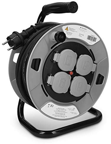 Navaris Carrete alargador de cable con 4 enchufes - Enrollacables 15M - Prolongador con grado de protección IP44 y tipo de cable H05RR-F 3G1,5