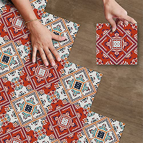 Hiseng Adesivi per Piastrelle Cucina Bagno 20x20 cm, Impermeabile Antiscivolo PVC Autoadesivo Floreale Colorato Mattonelle Adesivi per Pavimento Decorazione Casa DIY (Rosso,1 Set di 10 Pezzi)