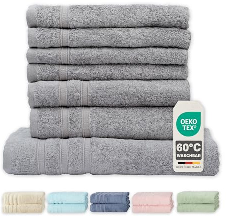 Müskaan® 7er Bambus Handtuch Set Kiesel, 50% Baumwolle & 50% Bambus, 450g/m² – 1x Duschtuch 70x140cm, 2X Handtuch 50x100cm & 4X Gästetuch 50x30cm – Öko-Tex, Baumwoll Handtuchset Grau 60°C waschbar