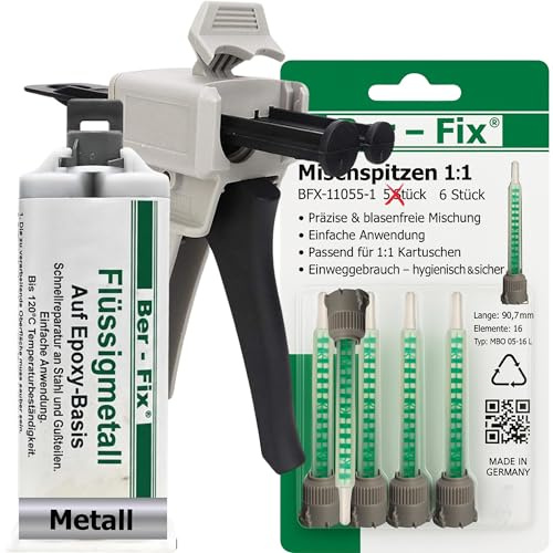 Ber-Fix Flüssigmetall Epoxidkleber 50g + 6 Düsen + Pistole metallgefüll | Flüssigmetall Epoxidkleber 50g + 6 Mischdüsen + Pistole metallgefüllt: Flüssigmetall für metallähnliches Füllen