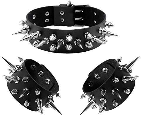 Manfnee Cuir Pu Choker Bracelet Punk Gothique Collier Ras du Cou avec Clous Noir Réglable Unisexe